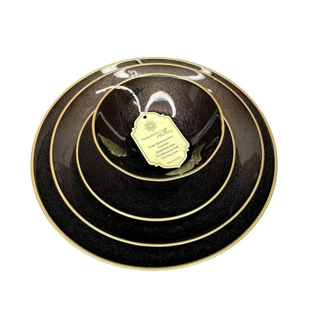 Turkish Glass 5 Salad Dessert Plates Set Brown Texture Gold Rim 8.25